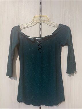 Glitter Lace-Up Off-Shoulder Long Sleeve Top in Teal